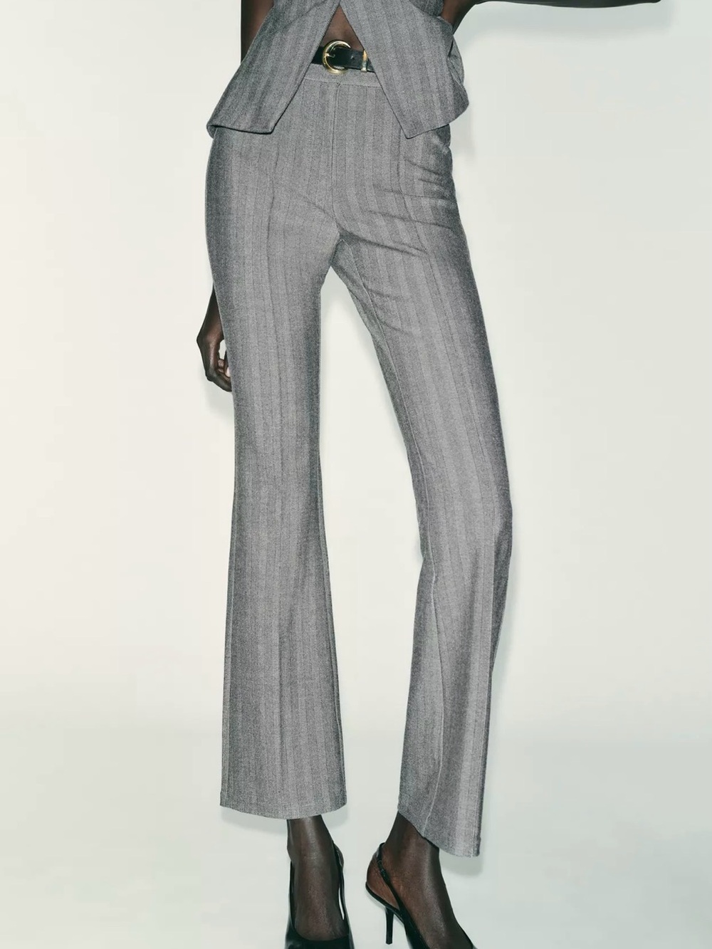 Zara Gray Ribbed Knit Flare Pants with Black Belt